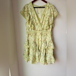 MAX STUDIO Floral Ruffle Dress Elastic Waistband Green Orange Lined Knee Size XL